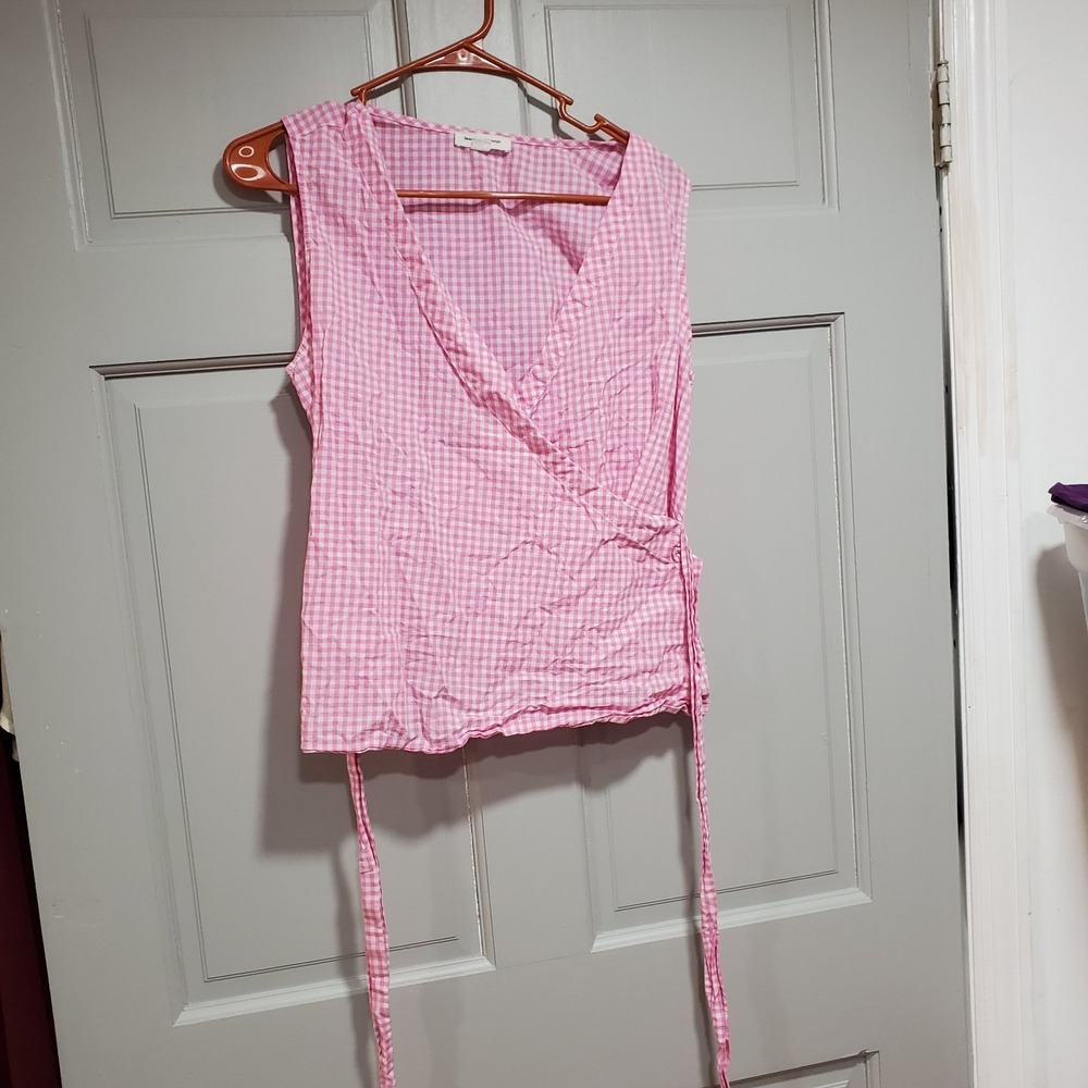 Beachlunchlounge Women Blouse Pink Gingham Wrap Top Casual Small Cottagecore